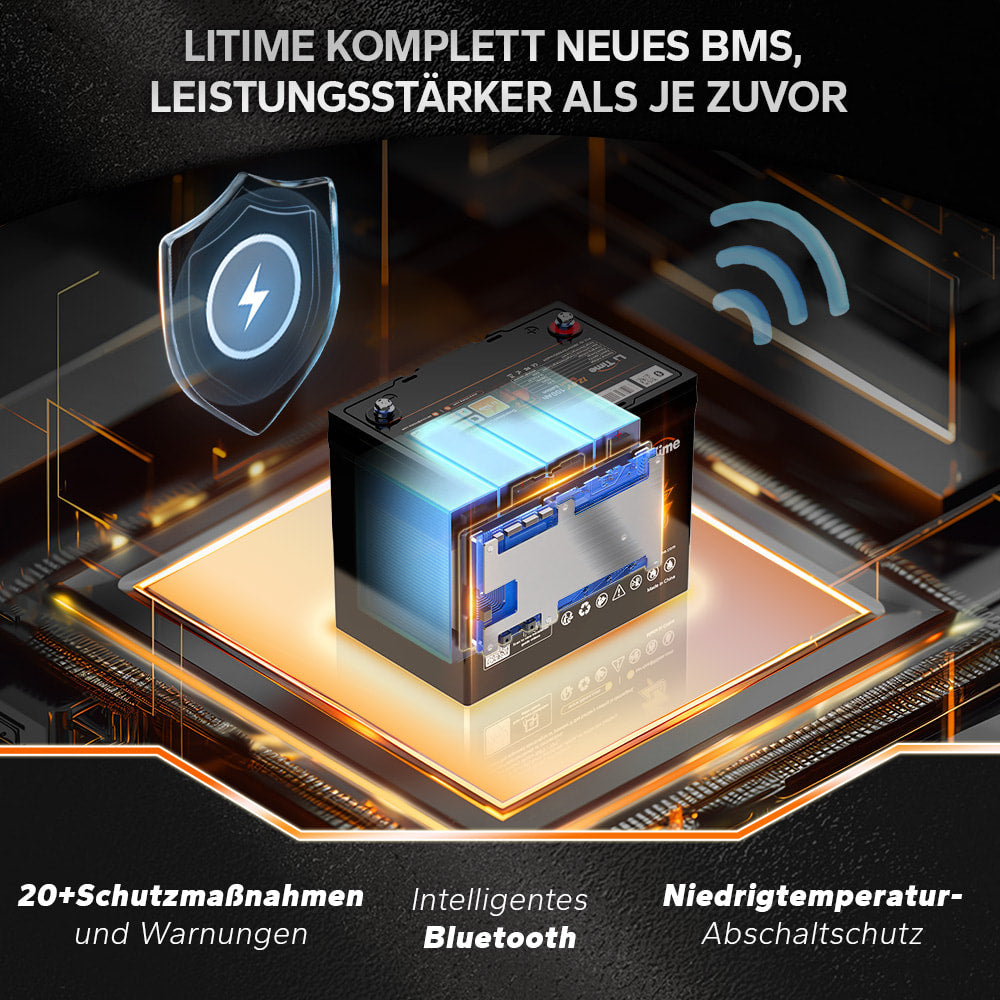 BMS von LiTime 12V 100Ah garantiert die Sicherheit.