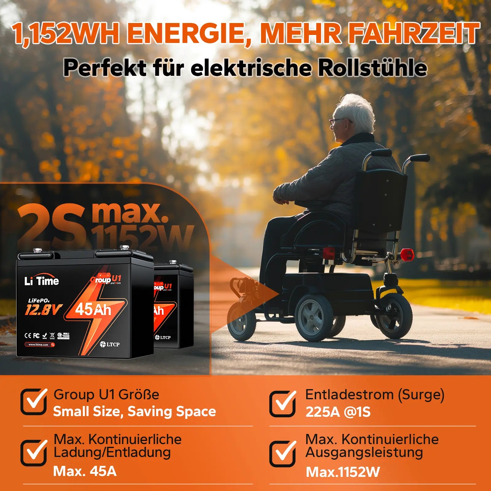 Litime 12V 45Ah Perfekt für elektrische Rollstihle