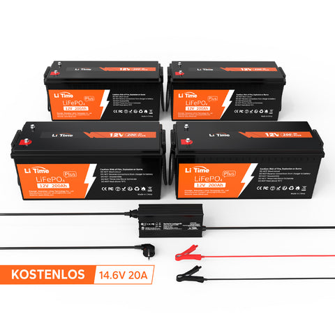 4 pack LiTime 12V 200Ah Plus Batterien & 1x kostenloses 14.6V 20A Ladegerät