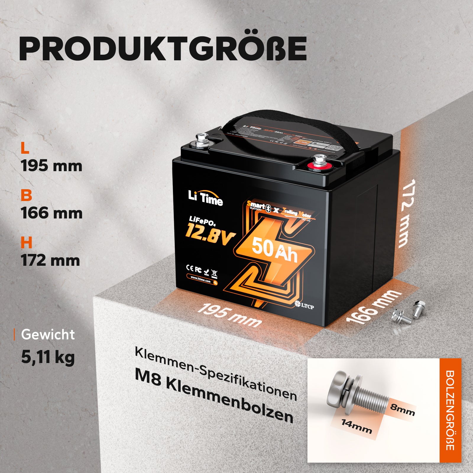 die Größe von LiTime 12V 50Ah  TM LiFePO4 Lithium Batterie