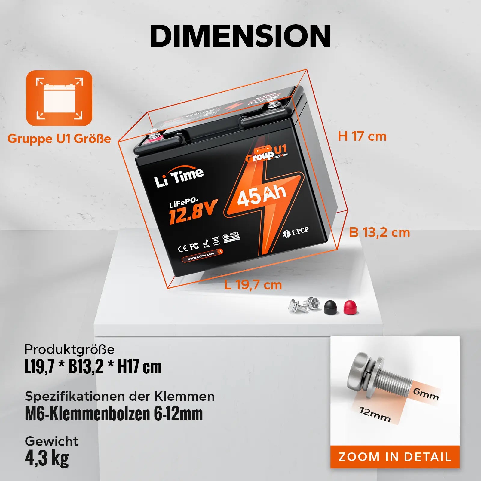 LiTime 12V 45Ah Group U1 Deep Cycle Lithium-Batterie Rollstuhl und Mobilitätsscooter