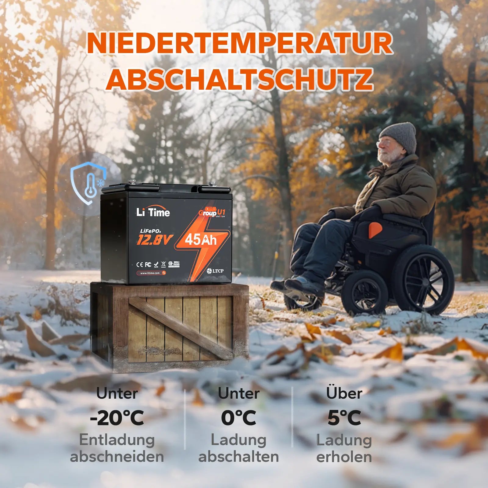 LiTime 12V 45Ah Group U1 Deep Cycle Lithium-Batterie Rollstuhl und Mobilitätsscooter