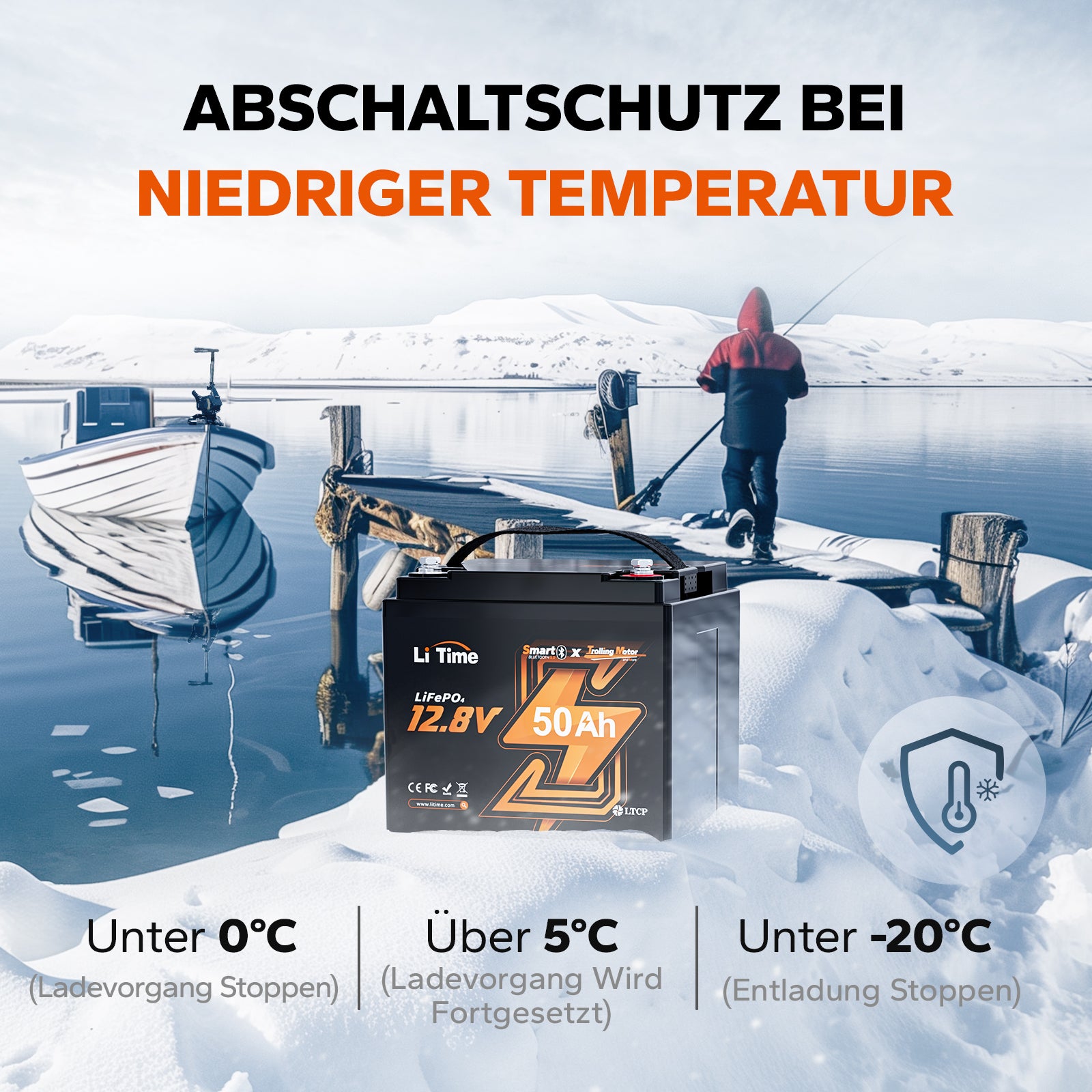 LiTime 12V 50Ah TM LiFePO4 Lithium Batterie für Boot verfügt über Abschaltschutz bei niederiger Temperatur