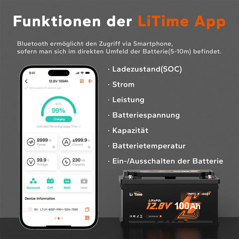 12V 100Ah Smart Untersitz-LiFePO4-Batterie mit Bluetooth 5.0