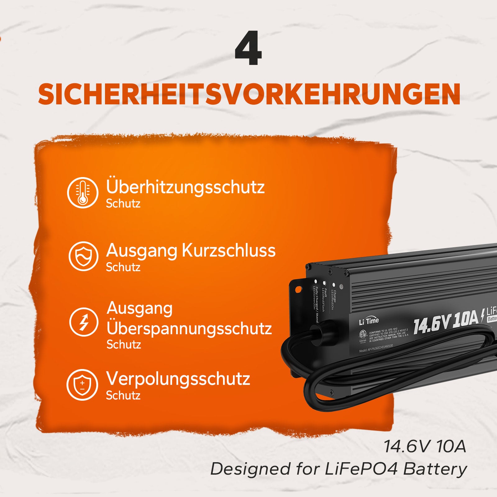 Chargeur de batterie lithium LiTime 14.6V 10A pour batterie lithium 12V LiFePO4
