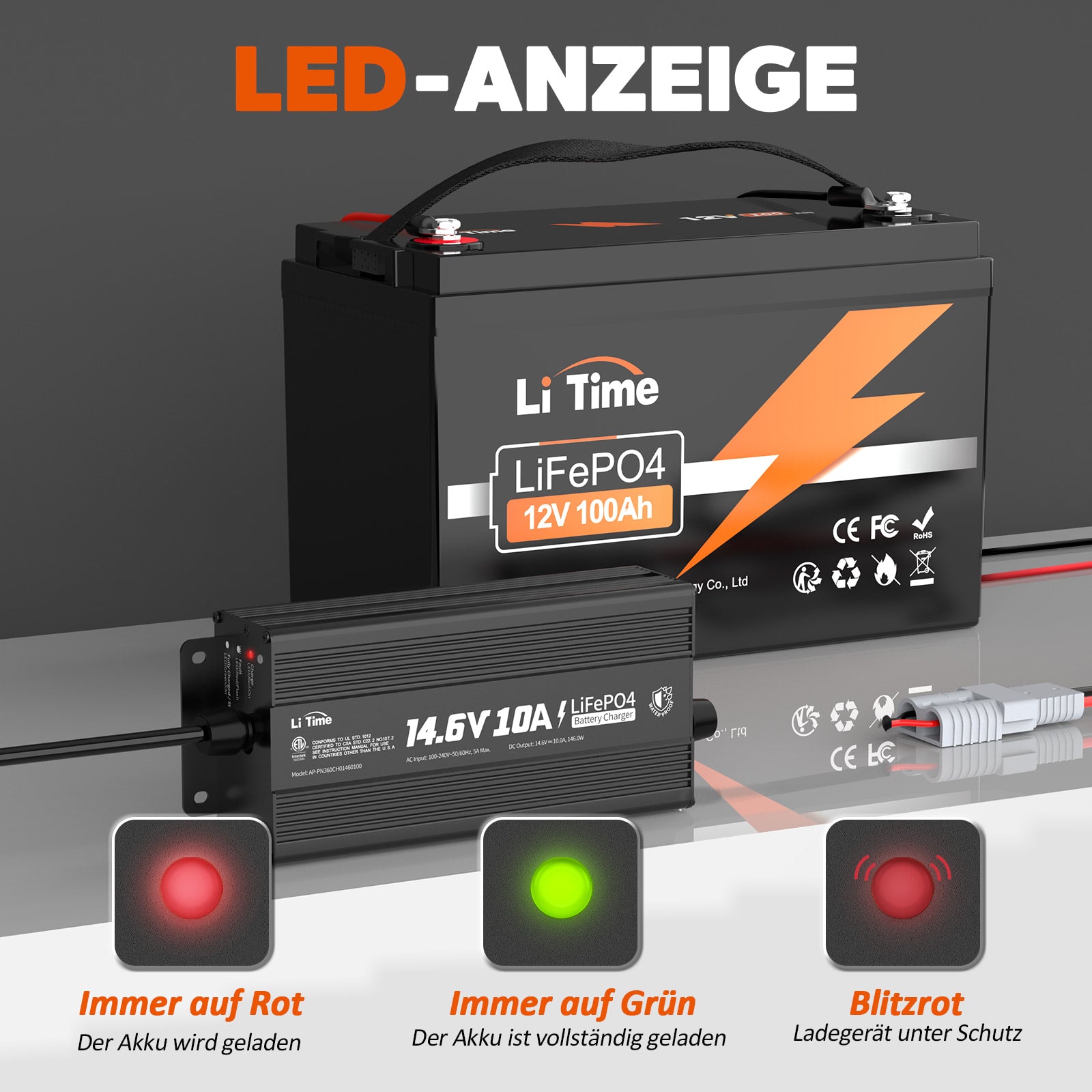 Ładowarka akumulatorów litowych LiTime 14,6 V 10 A do akumulatora litowego 12 V LiFePO4