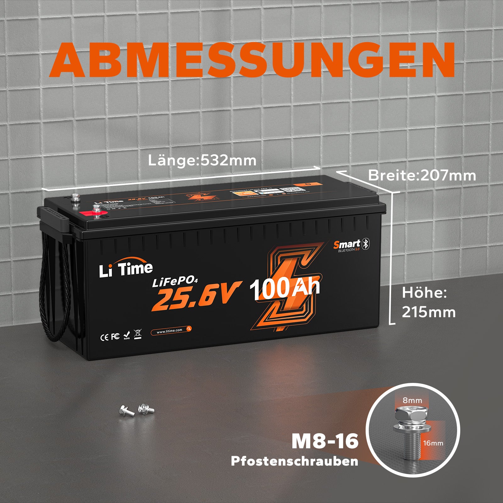 LiTime 24V 100Ah Bluetooth Low-Temp Schutz Deep Cycle Lithium Batterie