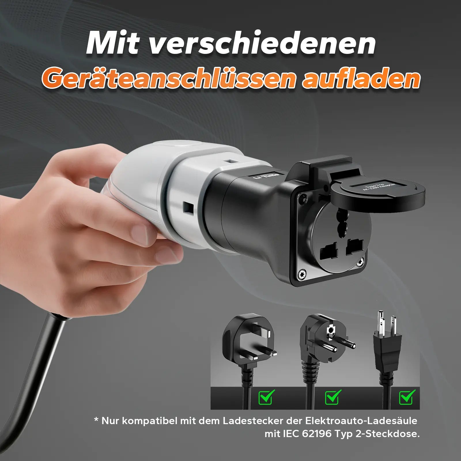 Universeller AC-EV-Ladestation-Adapter Typ 2 auf Schuko Stecker, ideal für E-Bikes, Scooter und Lithium-Batterieladegeräte