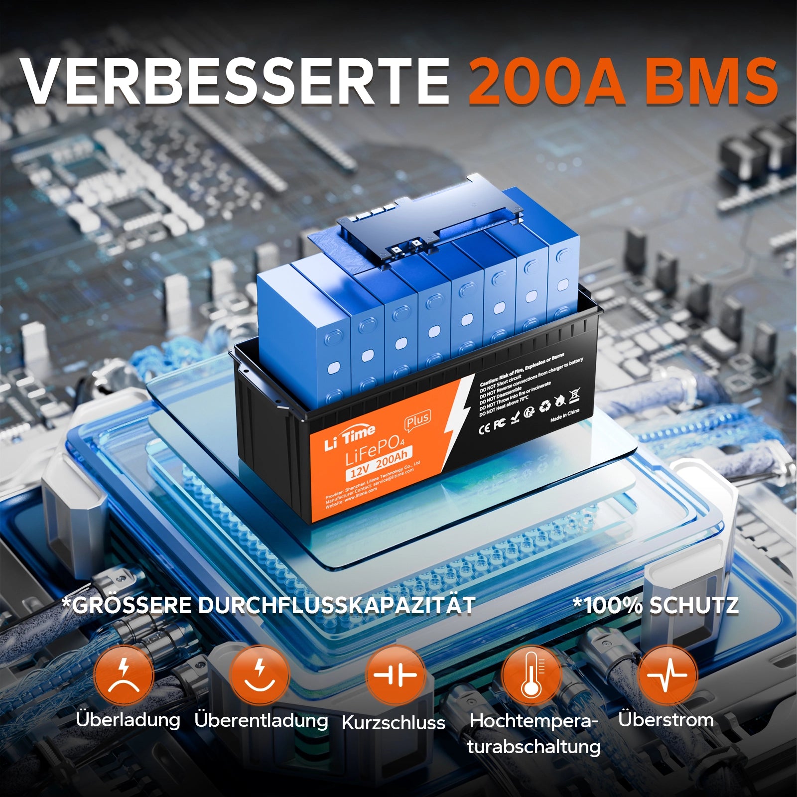 12V 200Ah Plus Lithium-Batterie verfügt über ein verbessertes BMS mit 200A